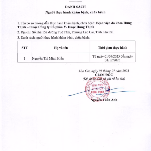DANH SÁCH NHÂN VIÊN Y TẾ ĐĂNG KÝ THỰC HÀNH KHÁM, CHỮA BỆNH TẠI BVĐK HƯNG THỊNH THÁNG 07/2025