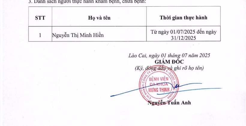 DANH SÁCH NHÂN VIÊN Y TẾ ĐĂNG KÝ THỰC HÀNH KHÁM, CHỮA BỆNH TẠI BVĐK HƯNG THỊNH THÁNG 07/2025